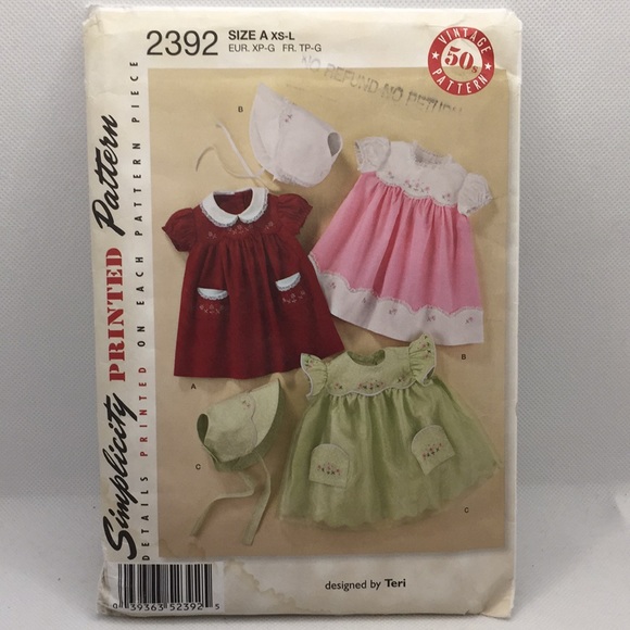 Simplicity 2392 Vintage 50’s Babies Dresses Bonnet Embroidery 7-24 lbs Uncut - Picture 1 of 11